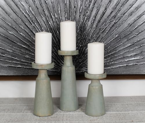 Set of 3 Pieces Wood Pillar Candle Holders, Mango Wooden Candlesticks Holders 12 Inch, 10 Inch, 8 Inch Height (Sage) - color: Sage