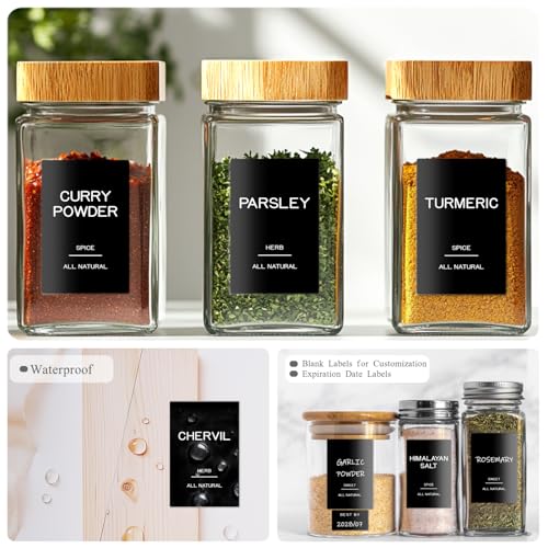 201 Spice Jar Labels - Black Preprinted Minimalist Waterproof Stickers for Kitchen Jars, Herb & Seasoning Labels for Pantry Organization - style: Black Square spice labels
