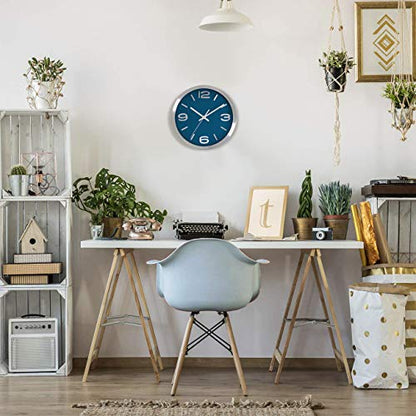 Bernhard Products Wall Clock 10 Inch Modern Silver Round Elegant Metal Quality Quartz, Silent Non Ticking Battery Operated Home Office Clock with 3D Numbers (Silver & Prussian Blue) - color: Silver & Prussian Blue