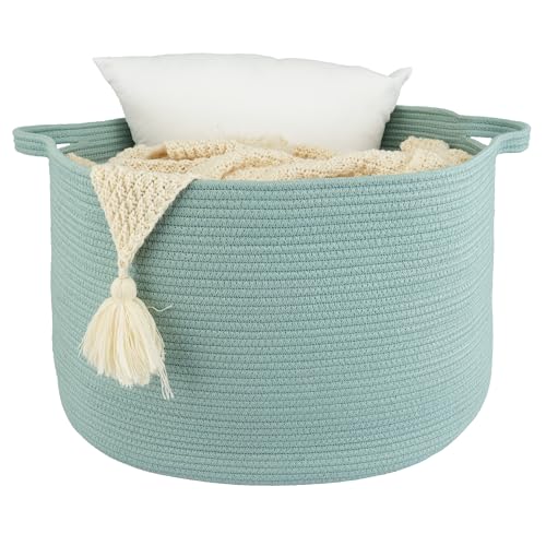 XUANGUO Extra Large Cotton Rope Round Storage Basket 22" x 14" Light Green | Woven basket for blankets, toys, towels, laundry, nursery, living room and pet toy storage. - color: light green
