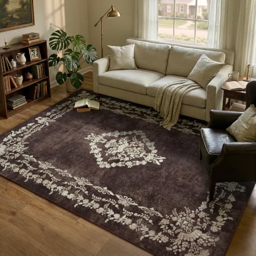 FlyDOIT 5x7 Large Area Rugs for Living Room, Brown | Washable Floral Boho Rug, Non-Slip Soft Indoor Throw Carpet for Bedroom Dining Room Entryway College Dorm Office Decor - color: Brown, size: 5' x 7' (Rectangular)