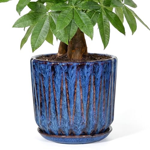 10 Inch Ceramic Planter Pot with Saucer Drainage Leak-Proof Mesh,Flower Pots for Indoor Plants with Gardening Gloves,Ceramic Planter(Peacock-Blue) - color: Peacock-blue, size: 10 Inch