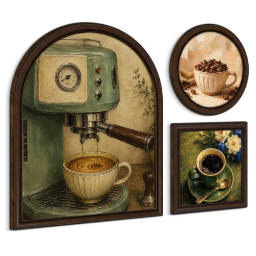 3 Pcs Vintage Coffee Kitchen Wall Art Sign, Framed Coffee Bar Decor | Retro Espresso Prints for Coffee Bar Kitchen Cafe Corner - color: Coffee