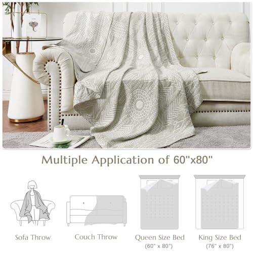 jinchan 100% Cotton Muslin Blanket Twin Boho Throw Blanket 60x80 Light Gray | 3-Layer, Tribal Geometric Quilt, Cooling Breathable Lightweight, for Adult, Soft, Reversible, Couch, Sofa, Bedroom, Coverlet - color: A. Boho Light Grey, size: 60"x80"