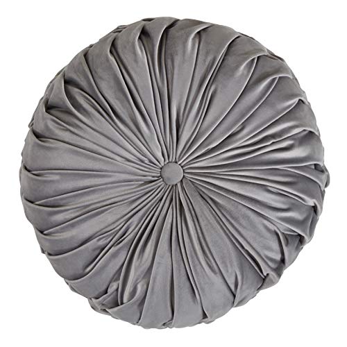 SARO LIFESTYLE Round Velvet Pintucked Poly Filled Throw Pillow - color: Grey, size: 1 Count (Pack of 1)