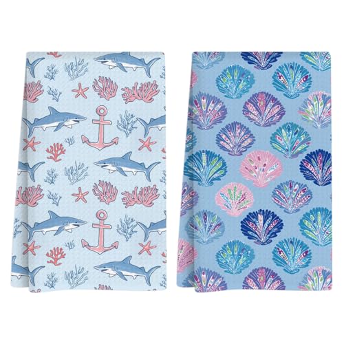 Summer Coastal Seashell Kitchen Towels, Summer Kitchen Bathroom Decor, Housewarming Gifts, Shark Waffle Decorative Dish Hand Towel for Holiday Bathroom Home Bar Baking Set of 2 14x24 Inch - color: Shark Seashell