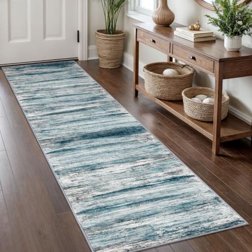 KOZYFLY Modern Abstract Runner Rug, 2x8 Kitchen Rugs Non-Slip Washable Soft Striped Hallway Runner Rugs, Print Blue Carpet Runner for Entryway Bathroom Laundry Room Foyer - color: Blue, size: 2' x 8' (Runner)