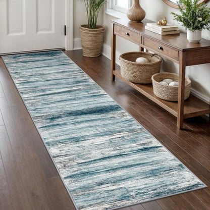 KOZYFLY Modern Abstract Runner Rug, 2x8 Kitchen Rugs Non-Slip Washable Soft Striped Hallway Runner Rugs, Print Blue Carpet Runner for Entryway Bathroom Laundry Room Foyer - color: Blue, size: 2' x 8' (Runner)