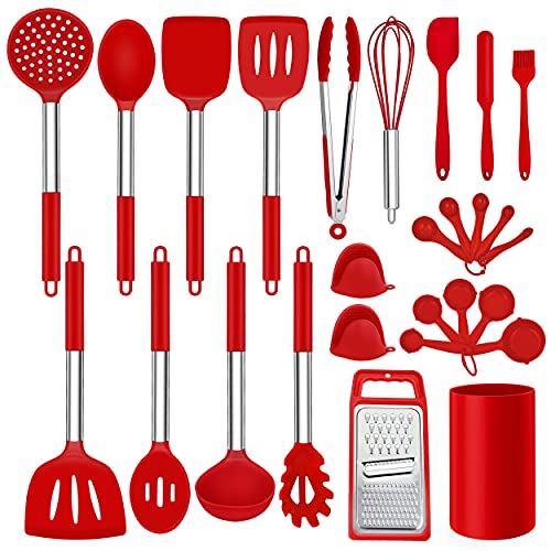 LIANYU 27 PCS Kitchen Utensils Set with Holder, Silicone Cooking Utensils Spatula Set with Stainless Steel Handle, Kitchen Cooking Gadgets Tools for Nonstick Cookware Set, Heat Resistant, Red - color: Red
