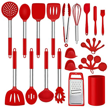 LIANYU 27 PCS Kitchen Utensils Set with Holder, Silicone Cooking Utensils Spatula Set with Stainless Steel Handle, Kitchen Cooking Gadgets Tools for Nonstick Cookware Set, Heat Resistant, Red - color: Red