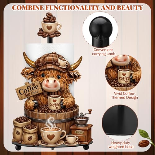 Coffee Highland Cow Paper Towel Holder Coffees Kitchen Decor Farmhouse Metal Highland Cow Coffee Bar Accessories Stand with Round Base for Home Bathroom Countertop Toilet Caffee Lover Gifts - style: Coffee