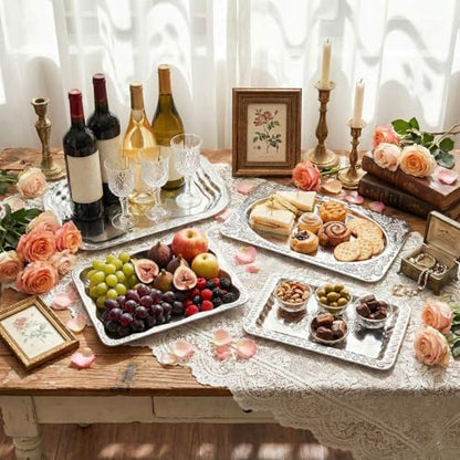 Rtteri 4 Pack 15.7" x 11.8" Large Silver Serving Trays for Party Set, Floral Engraved Serving Platters, Wedding Birthday Mirror Tray for Party, Appetizer, Charcuterie, Cookies, Desserts (Classic) - style: Classic