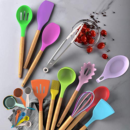 Umite Chef Kitchen Cooking Utensils Set, 33 pcs Non-stick Silicone Cooking Kitchen Utensils Spatula Set with Holder, Wooden Handle Silicone Kitchen Gadgets Utensil Set (Colorful) - color: Colorful