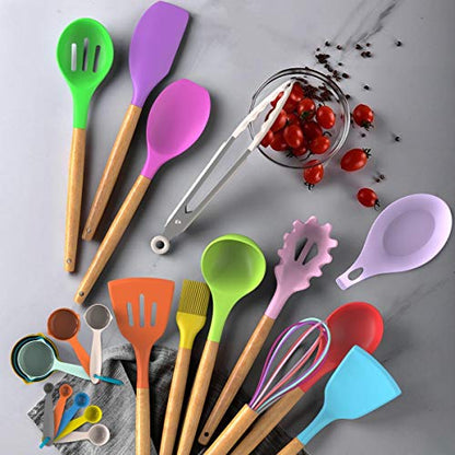 Umite Chef Kitchen Cooking Utensils Set, 33 pcs Non-stick Silicone Cooking Kitchen Utensils Spatula Set with Holder, Wooden Handle Silicone Kitchen Gadgets Utensil Set (Colorful) - color: Colorful