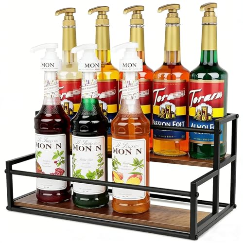 Coffee Syrup Rack Organizer -2 Tier 10 Syrup Bottles Holder Stand for Coffee Bar Kitchen Countertop,Stepped Display Shelf for Spices, Jars, Dressing Freestanding Storage Shelves Rustic Small Wine Rack