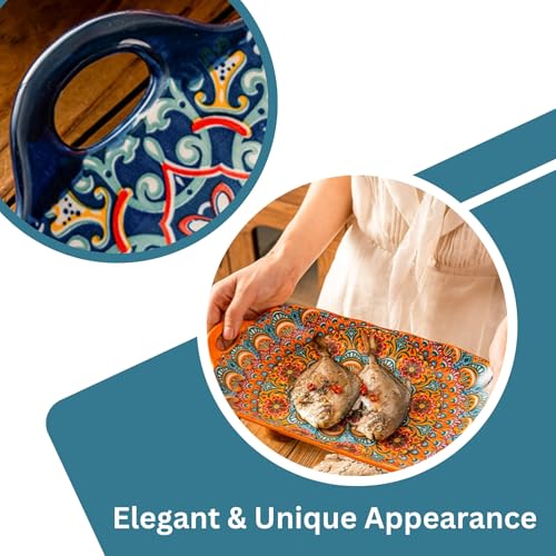 Serving Tray with Handles Rectangular Serving Platter Ceramic Extra Large Plates & Dishes Rectangle (Sunset Fiesta) - color: Sunset Fiesta
