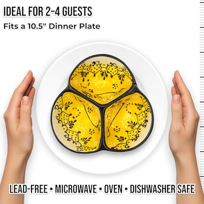 3-Compartment Ceramic Serving Dish, Handmade in Spain | 7.5” divided chip and dip bowl with lead-free glaze, microwave, oven and dishwasher safe, ideal for tapas, snacks and sauces - color: Onyx Yellow