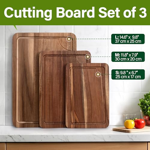 WILLKOMMEN Acacia Wood Cutting Board Set for Kitchen, 3-Piece Chopping Boards with Stand & Juice Groove & Handles, Heavy Duty Wooden Butcher Block for Meat, Vegetables (Small, Medium, Large) - color: Acacia Wood Set of 3
