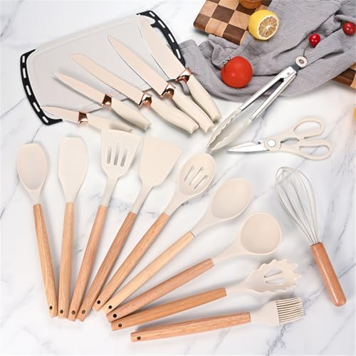 Kitchen Utensils Set,19 Pcs Cooking Tools and Knives Set,Cutting Board, Silverware Set, with Utensil Holder Precision Cutting and Organized Dining Kitchen Tool (White) - color: White