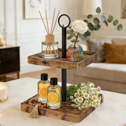 Tiered Tray Stand, Rustic 2 Tier Square Wood Serving Tray | Farmhouse Countertop Centerpiece, Cupcake Stand For Coffee Bars, Parties, Holiday Decor