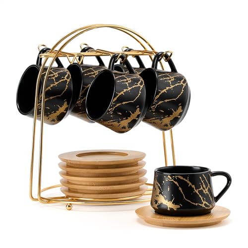 LUKA Ceramic Espresso Cups with Saucers and Metal Stand, Small 4 oz Porcelain Demitasse Cups Set of 6, Cute Cappuccino Coffee Cups for Double Espresso, Tea, Marbling Black - color: 6-Black, size: 4 oz