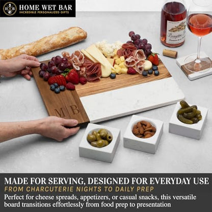 HomeWetBar Personalized Charcuterie Board Gift Set | Custom 15.75" x 11.75" White Marble & Acacia Wood Cheese Board with Serving Bowls | Perfect Housewarming + Wedding + Couples Gift Idea - style: Winslow White Marble Board + Serving Bowls