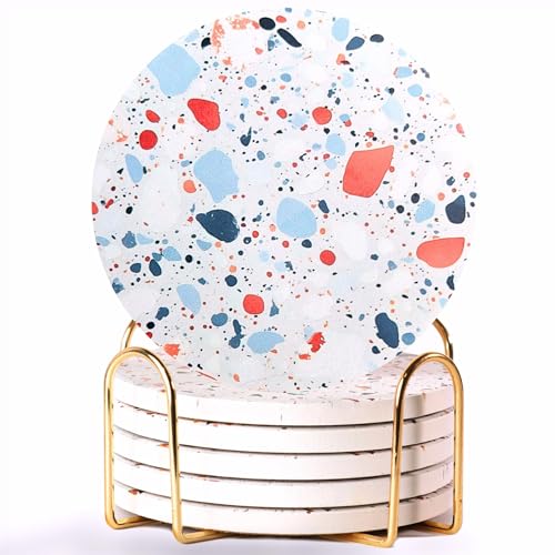 Terrazzo Coasters Set of 6, Colorful Boho Absorbent Ceramic Coasters | Speckled terrazzo drink coasters for coffee table & desk; moisture-absorbing stone, boho home decor, housewarming gift - color: Pebbles
