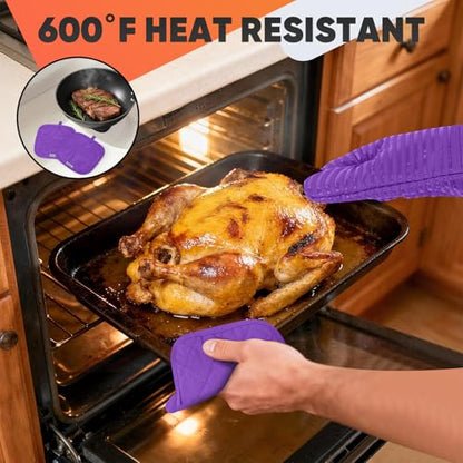 Oven Mitts Kitchen Towels and Dishcloths with Pot Holders Sets, Oven Gloves Hot Pads 500°F Heat Resistant with Silicone Grip, Include 2 Cooking Gloves/2 Potholders/4 Kitchen Towels/4 Dish Towels - color: Purple
