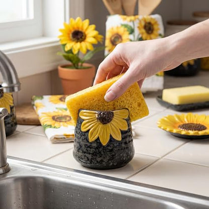 4 Pcs Sunflower Kitchen Decor Ceramic Soap Dispenser Set Comes with Sponge Tray Instant Dry Tray Suitable for Kitchen Accessories Bathroom Decor Housewarming Gifts - style: Sunflower