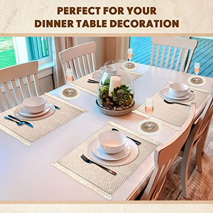 Boho Macrame Table Runner Placemat and Coaster Set of 13, Rustic Table Runner with Tassel Absorbent Boho Placemat Natrual Burlap Farmhouse Coaster for Drink Bohemian Dining Kitchen Desk Decor (Retro)