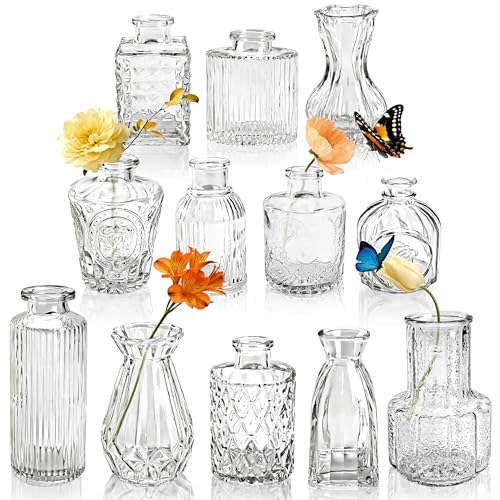 Der Rose 12pcs Glass Bud Vases, Clear Vases for Wedding Centerpieces Decor | Modern fluted design, secure protective packaging, thick sturdy glass, easy to clean, wedding table centerpiece home decor - color: Clear