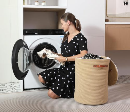 16"x20" Extra Large Cotton Rope Basket with Zipper Lid, Woven Laundry Hamper and Blanket Storage Basket, Round Clothes Bin for Living Room Bedroom, Beige - color: All Beige