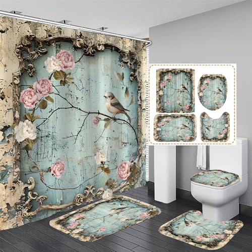 DDQQ 4Pcs Vintage Flower Bird Shower Curtain Set Bathroom Sets Branch Shower Curtain with 12 Hooks Bathroom Decor with Rugs Bath Accessories with Mats Toilet Lid Cover - color: Blue Grey
