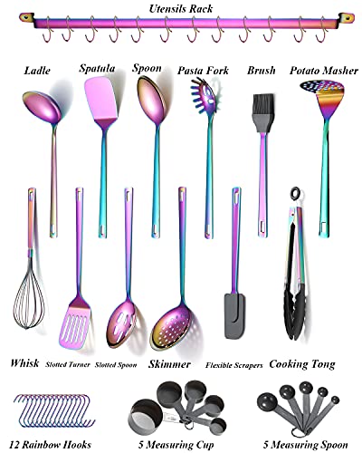 Rainbow Cooking Utensils Set, Kyraton Stainless Steel 37 Pieces Kitchen Utensils Set with Titanium Colorful Plating, Kitchen Tool Gadgets Set with Utensil Rack Heat Resistant Dishwasher Safe - color: 3.37 piece rainbow set