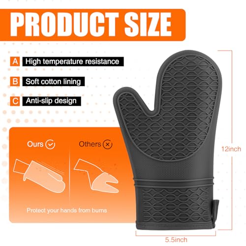 Silicone Oven Mitts, Heat Resistant 2PCS Oven Mitts with Soft Cotton Lining, Waterproof Non-Slip Grip Oven Glove, Kitchen Potholder Mits for BBQ, Baking, Cooking, 12.5 Inch - Black - color: Black