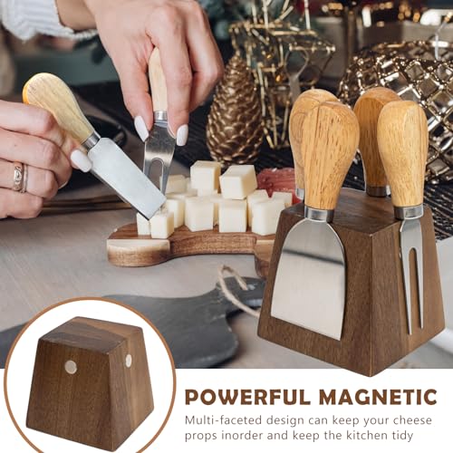 Cheese Knife Set for Charcuterie - 4 Small Stainless Steel Cheese Knives and Fork with Magnetic Acacia Wood Holder - Charcuterie Board Accessories