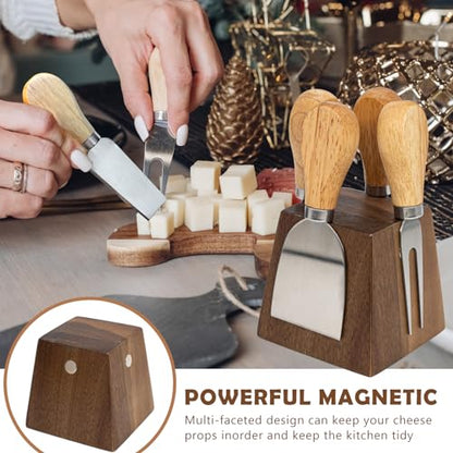 Cheese Knife Set for Charcuterie - 4 Small Stainless Steel Cheese Knives and Fork with Magnetic Acacia Wood Holder - Charcuterie Board Accessories
