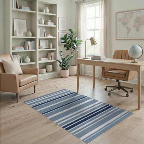 4'x6' Navy Blue Welcome Layered Beachy Front Washable Area Rug | Striped Nautical Design with Balanced Bands for Bedroom, Reading Nook, Pet Friendly & Non-Shedding - color: Blue White/Pattern 3, size: 4' x 6' (Rectangular)