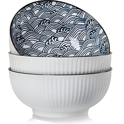 Houlu 60 oz Pho Bowls, Large Soup Bowl, Japanese Ramen Bowl Set, 8 inches Big Porcelain Bowls Set of 3, Wave Pattern - color: Wave Pattern