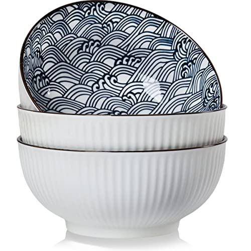 Houlu 60 oz Pho Bowls, Large Soup Bowl, Japanese Ramen Bowl Set, 8 inches Big Porcelain Bowls Set of 3, Wave Pattern - color: Wave Pattern