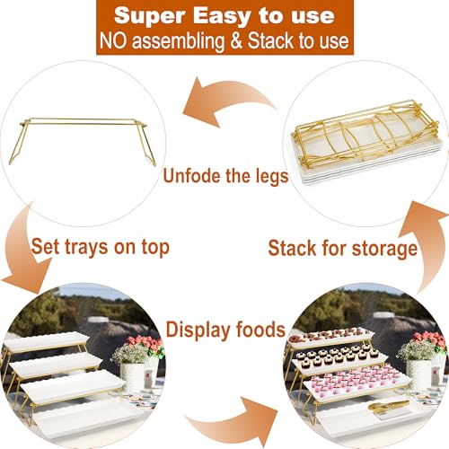 KAQAHIDO Extra Large 4 Tier Serving Tray Set, 34x22x10 inch Wave Edge Melamine Dessert Table Display Set, Tiered Trays Stand for Party Buffet Entertaining, Gold and White - color: Gold