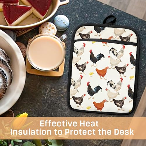 Farmhouse Chicken Pot Holders with Pockets, Farm Rooster Hen Chick Oven Pot Holders Heat Resistant Oven Mitts Hot Pads for Kitchen Baking Cooking