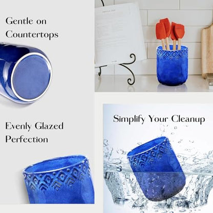 Ceramic Utensils Holder，Extra Large Stable Ceramic Cooking Tool Organizer Set for Kitchen，For Countertop ,Navy Blue - color: Navy Blue