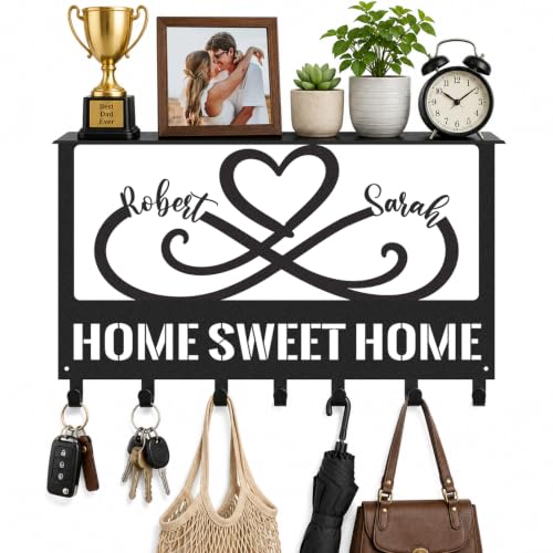 Personalized Metal Key Holder with Shelf, Coat Rack Wall Mount | Custom Names Heart Wall Key Holder with Shelf for Entryway Bedroom, Anniversary & Wedding Gift for Couples - color: Color 01