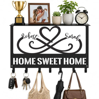 Personalized Metal Key Holder with Shelf, Coat Rack Wall Mount | Custom Names Heart Wall Key Holder with Shelf for Entryway Bedroom, Anniversary & Wedding Gift for Couples - color: Color 01