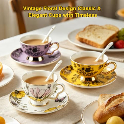 Bone China Tea Cup and Saucer Set for 1 with Spoon, Floral, 6.76 oz - color: purple01