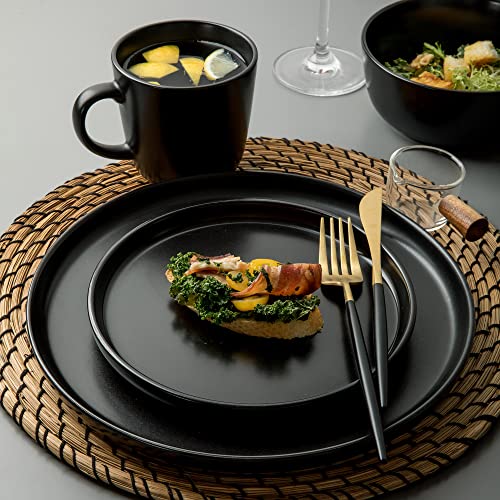 ARORA SKUGGA Round Stoneware 16pc Dinnerware Set of 4, Dinner Plates, Side Plates, Cereal Bowls, Mugs - Matte Black (472979) - color: Black-Bowl/Mug, style: Round-Service for 4(16pcs)