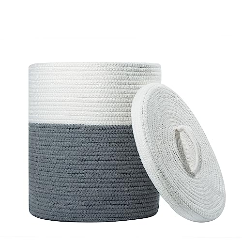 Yimi's Dream Storage Basket with Lid, Small Round Lidded Cotton Rope Bins | Small Woven Hamper for Laundry, Toys, Nursery, Entryway, Blankets, and Home Organization(White & Grey, 11.5D x 13.5H Inch) - color: 1 PACK-Grey&White-LIDDED