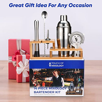 14PC Bartender Kit - Silver Cocktail Shaker Set - All Barware Essentials for Drink Mixing Includes Stand, Martini Shaker, Jigger, Strainer, Mixer Spoon, Muddler, Liquor Pourers, Touch of Mixology - color: Silver