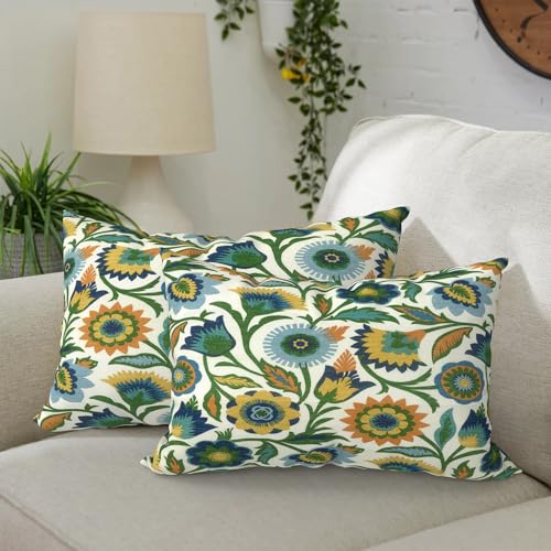 DYTXIII Pack of 2 Waterproof Outdoor Lumbar Pillow with Inserts, 12x20 in Rectangle Decorative Patio Throw Pillow for Home, Sofa,Bench and Patio Furniture, Fiesta Floral - color: Fiesta Floral, size: 12x20 Inch (With Inserts)